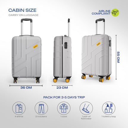 Safari Cabin Stratos 8 Wheels 55cm Size Trolley Bag, Hard Case Polycarbonate, 360º Wheeling Carry-on Luggage for Men & Women, Travel Bag, Suitcase for Travel, Trolley Bags for Travel, Cloud Grey 