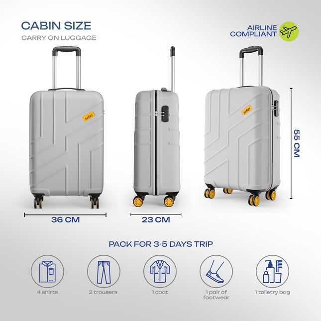 Safari Cabin Stratos 8 Wheels 55cm Size Trolley Bag, Hard Case Polycarbonate, 360º Wheeling Carry-on Luggage for Men & Women, Travel Bag, Suitcase for Travel, Trolley Bags for Travel, Cloud Grey 