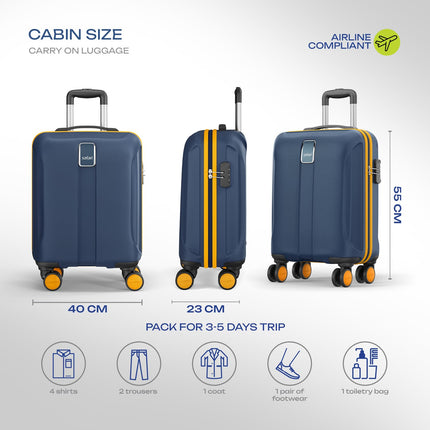 Safari Cabin Thorium Neo 8 Wheels 55 Cm Small Trolley Bag Hard Case Polycarbonate 360 Degree Wheeling System Luggage, Trolley Bags for Travel, Suitcase for Travel, Graphite Blue 
