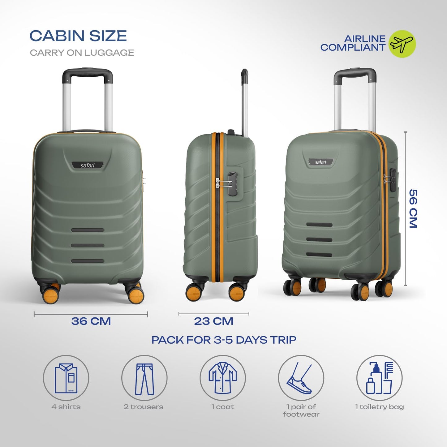 Safari Crescent 8 Wheels Cabin Trolley Bag, Hard Case Polycarbonate with 360 Degree Wheeling System Luggage, Suitcase for Travel, Thyme Green, 56cm, Small 