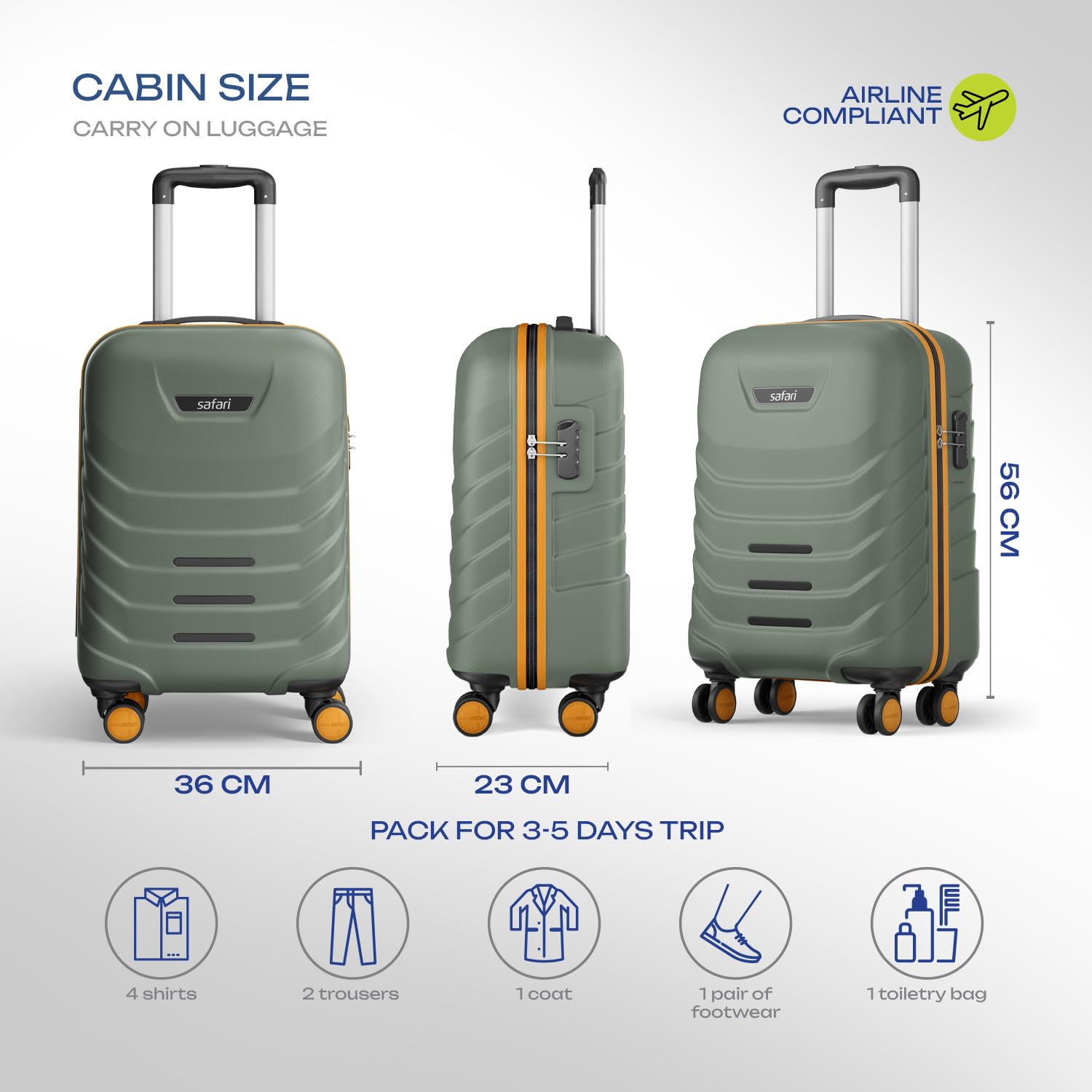 Safari Crescent 8 Wheels Cabin Trolley Bag, Hard Case Polycarbonate with 360 Degree Wheeling System Luggage, Suitcase for Travel, Thyme Green, 56cm, Small 