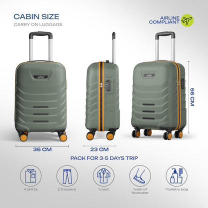 Safari Crescent 8 Wheels Cabin Trolley Bag, Hard Case Polycarbonate with 360 Degree Wheeling System Luggage, Suitcase for Travel, Thyme Green, 56cm, Small 