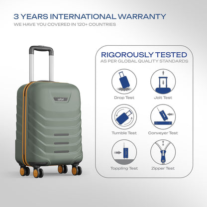 Safari Crescent 8 Wheels Cabin Trolley Bag, Hard Case Polycarbonate with 360 Degree Wheeling System Luggage, Suitcase for Travel, Thyme Green, 56cm, Small 