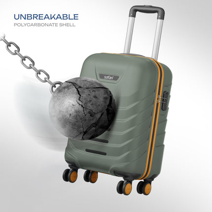 Safari Crescent 8 Wheels Cabin Trolley Bag, Hard Case Polycarbonate with 360 Degree Wheeling System Luggage, Suitcase for Travel, Thyme Green, 56cm, Small 