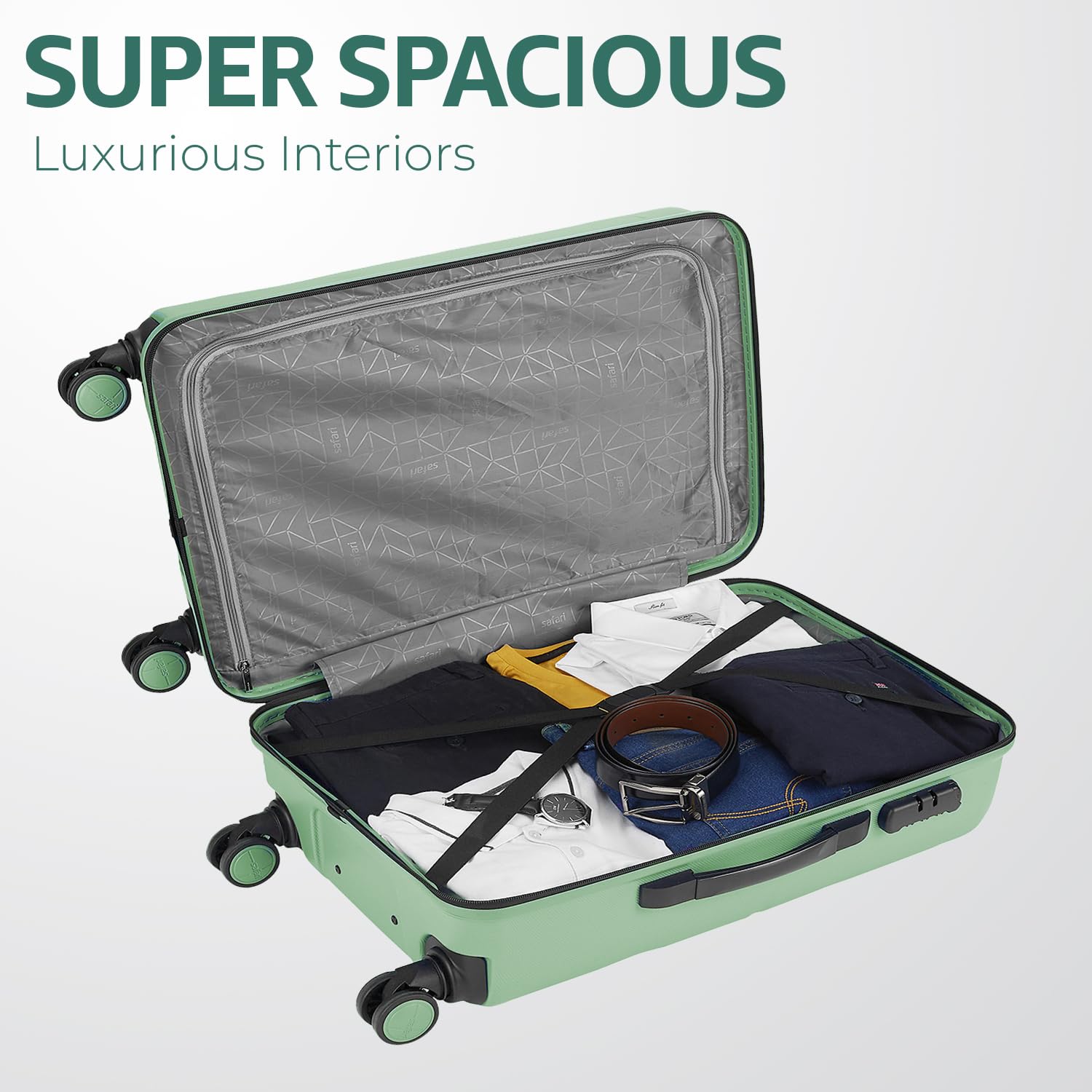 Safari Large Persia 8 Wheels 77cm Checkin Trolley Bag Hard case Polycarbonate 360 Degree Wheeling System Luggage, Travel Bag, Suitcase for Travel, Trolley Bags for Travel, Jade Green 