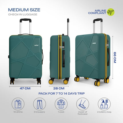 Safari Pentagon Neo 8 Wheels 66Cm Medium Checkin Trolley Bag Hard Case Polypropylene, 360 Degree Wheeling Luggage, Travel Bag, Suitcase for Travel, Trolley Bags for Travel, Sage Green 