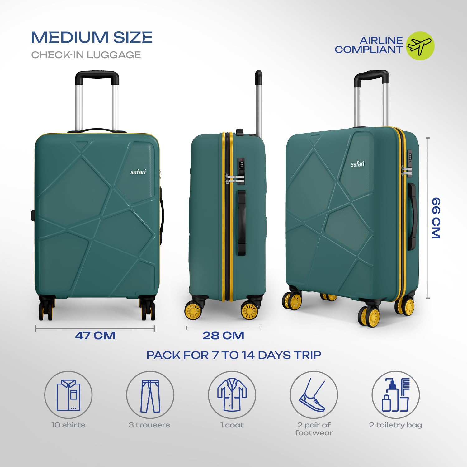 Safari Pentagon Neo 8 Wheels 66Cm Medium Checkin Trolley Bag Hard Case Polypropylene, 360 Degree Wheeling Luggage, Travel Bag, Suitcase for Travel, Trolley Bags for Travel, Sage Green 