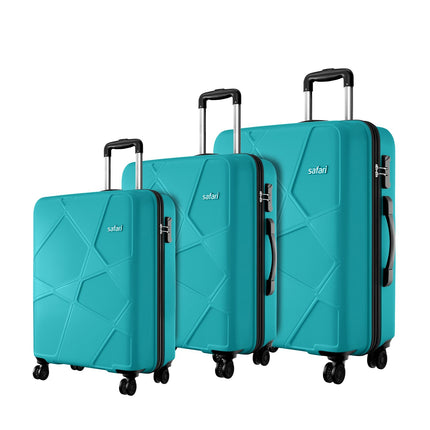 Safari Pentagon Pro 8 Wheels Set of 3 (Cabin + Medium + Large) Trolley Bags, Hard Case Polypropylene, 360º Wheeling Luggage, Suitcase for Travel, Cyan 