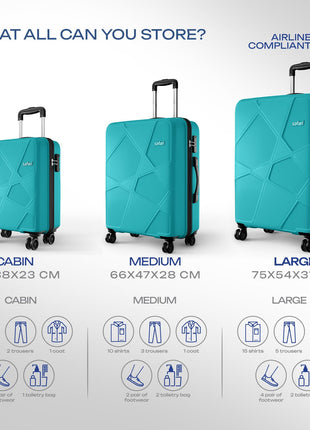 Safari Pentagon Pro 8 Wheels Set of 3 (Cabin + Medium + Large) Trolley Bags, Hard Case Polypropylene, 360º Wheeling Luggage, Suitcase for Travel, Cyan 