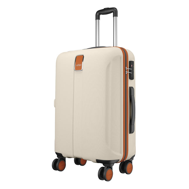 Safari Thorium Royale 8 Wheels 66cm Medium Size Trolley Bag Hard Case Checkin Polycarbonate Luggage, TSA Lock, Wet Pouch Organized Interior, Suitcase for Travel, Trolley Bags for Travel, Vanilla Tan 