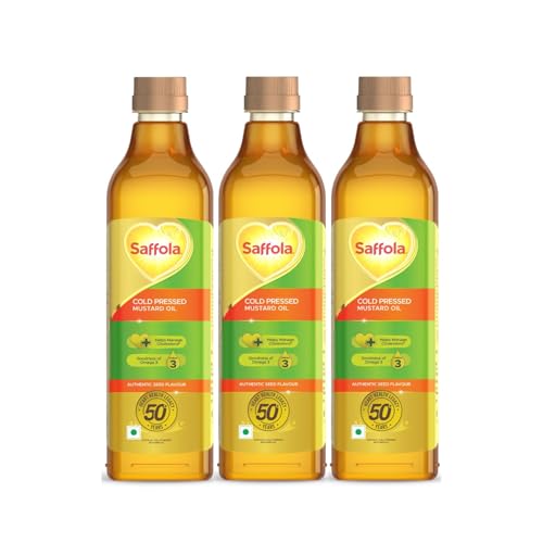 Saffola Cold Pressed Mustard Oil Omega 3 Cholesterol Support 1L Pack of 3