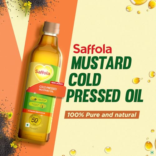 Saffola Cold Pressed Mustard Oil Omega 3 Cholesterol Support 1L Pack of 3 