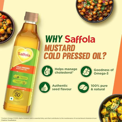 Saffola Cold Pressed Mustard Oil Omega 3 Cholesterol Support 1L Pack of 3 