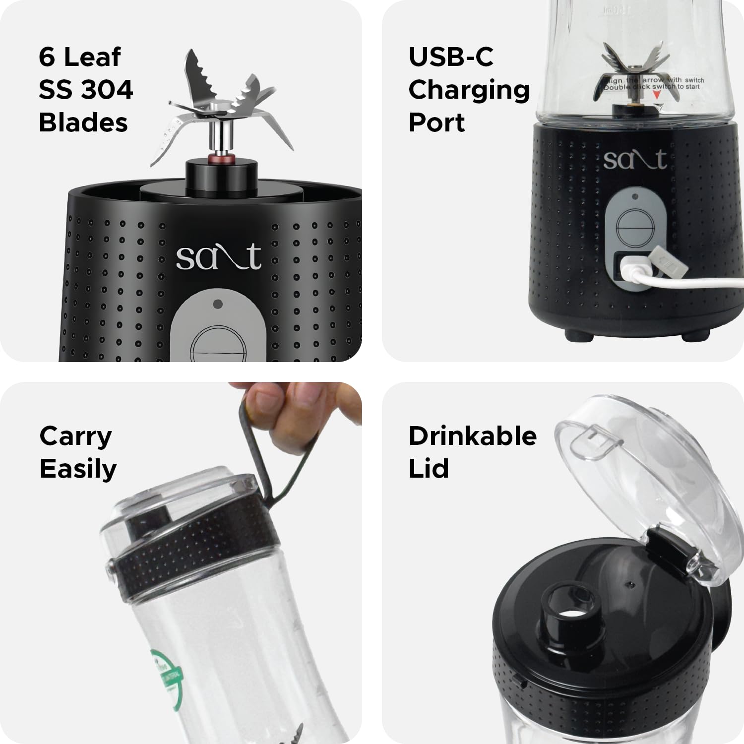 Salt PureBlend Sport Portable Blender for Smoothies, Protein Shakes, Crushing Ice | Sipper Lid | 4000 mAh Battery, USB-C Port | 230W Motor | 400 ML (Black) 