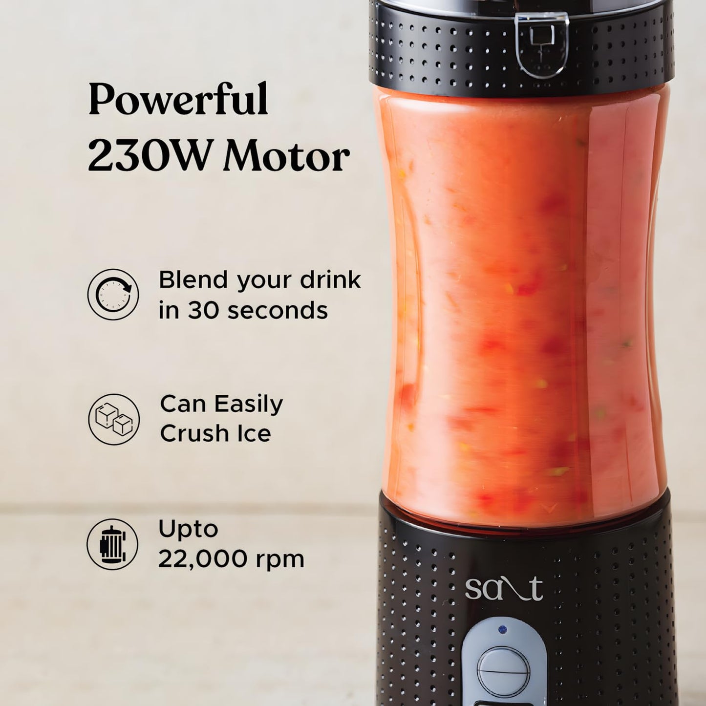 Salt PureBlend Sport Portable Blender for Smoothies, Protein Shakes, Crushing Ice | Sipper Lid | 4000 mAh Battery, USB-C Port | 230W Motor | 400 ML (Black) 