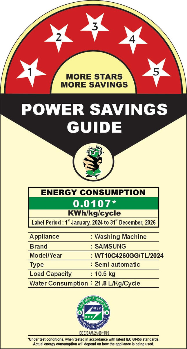 Samsung 10.5 kg, 5 star, Semi-Automatic Top Load Washing Machine (WT10C4260GG/TL, Air Turbo Drying, Light Gray,) 