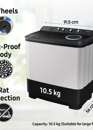 Samsung 10.5 kg, 5 star, Semi-Automatic Top Load Washing Machine (WT10C4260GG/TL, Air Turbo Drying, Light Gray,) 