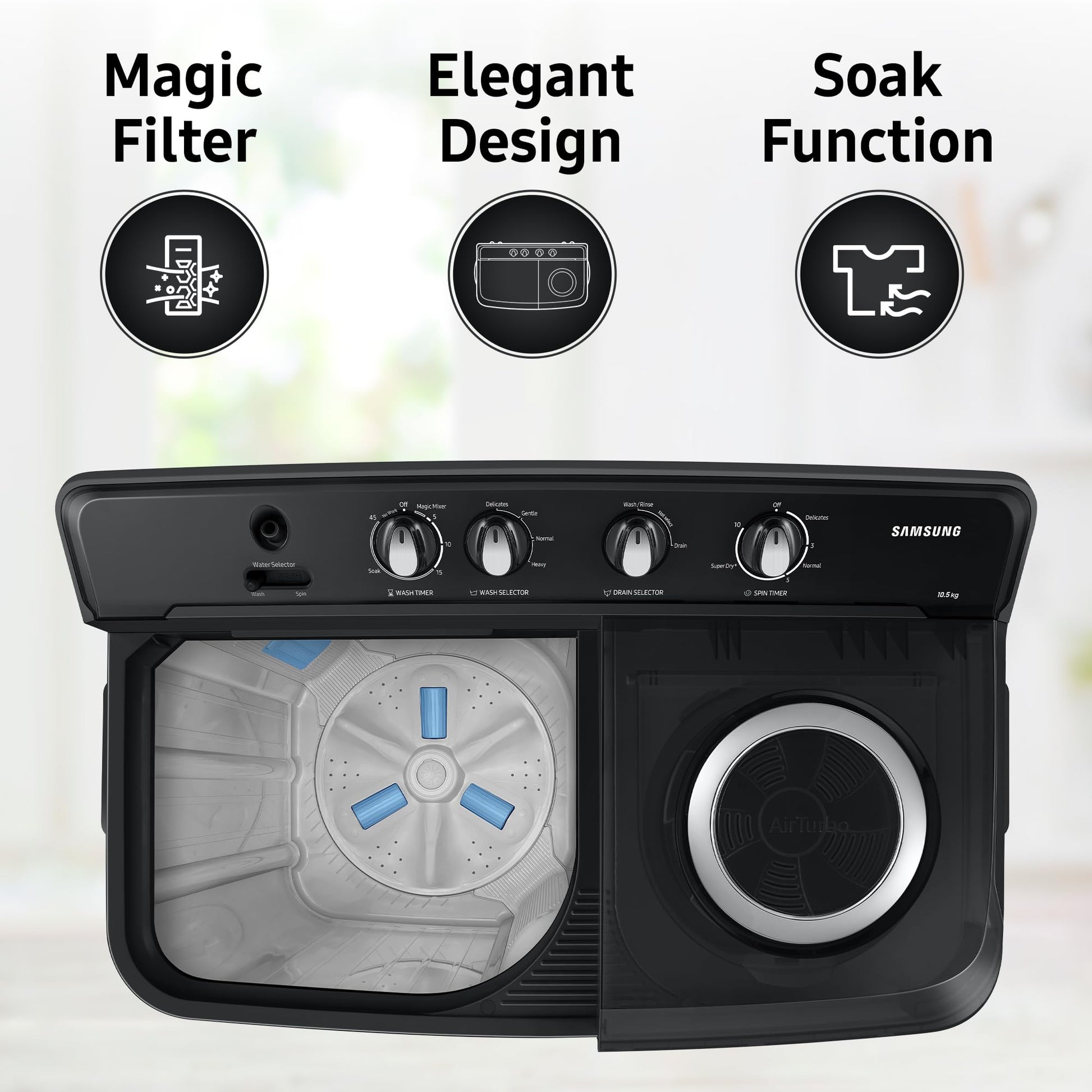 Samsung 10.5 kg, 5 star, Semi-Automatic Top Load Washing Machine (WT10C4260GG/TL, Air Turbo Drying, Light Gray,) 