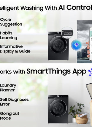 Samsung 11 kg, AI Control, Super Speed, Wi-Fi, Hygiene Steam with Inbuilt Heater, Digital Inverter, Fully-Automatic Front Load Washing Machine (WW11CG604DLBTL, BLACK CAVIAR) 