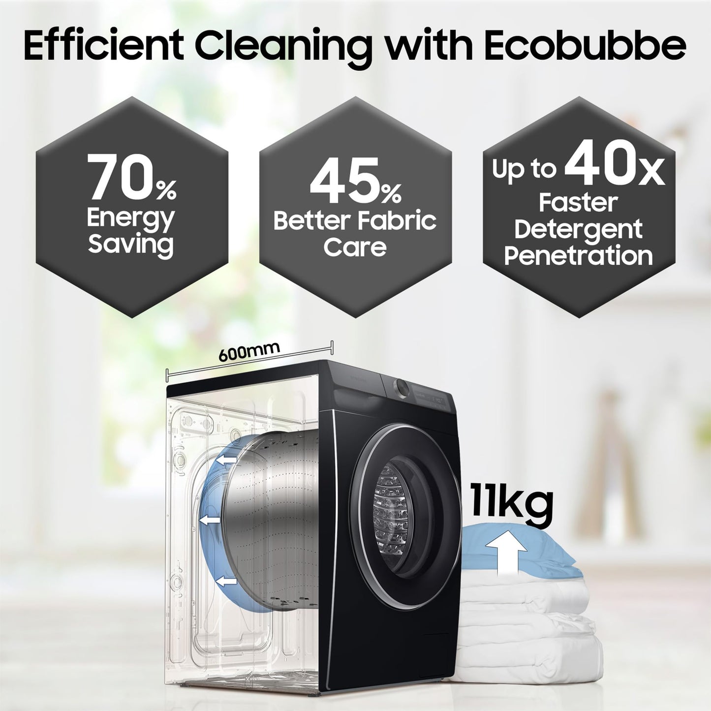 Samsung 11 kg, AI Control, Super Speed, Wi-Fi, Hygiene Steam with Inbuilt Heater, Digital Inverter, Fully-Automatic Front Load Washing Machine (WW11CG604DLBTL, BLACK CAVIAR) 