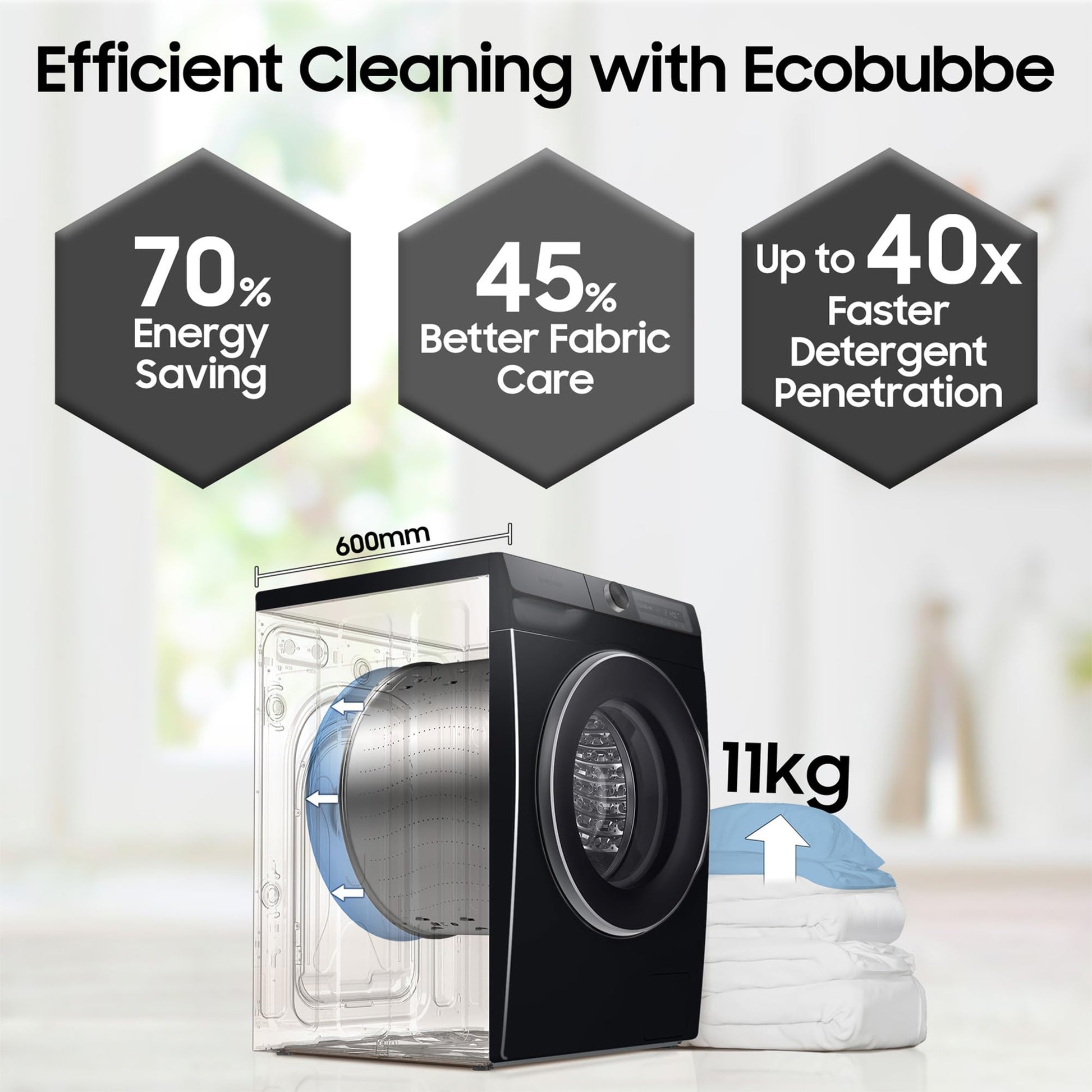 Samsung 11 kg, AI Control, Super Speed, Wi-Fi, Hygiene Steam with Inbuilt Heater, Digital Inverter, Fully-Automatic Front Load Washing Machine (WW11CG604DLBTL, BLACK CAVIAR) 