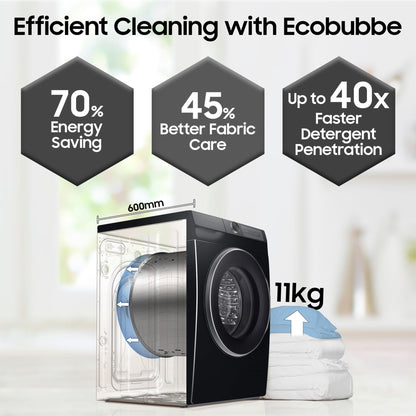 Samsung 11 kg, AI Control, Super Speed, Wi-Fi, Hygiene Steam with Inbuilt Heater, Digital Inverter, Fully-Automatic Front Load Washing Machine (WW11CG604DLBTL, BLACK CAVIAR) 