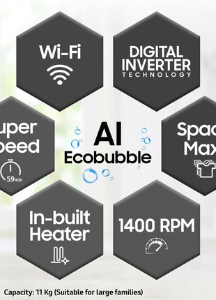 Samsung 11 kg, AI Control, Super Speed, Wi-Fi, Hygiene Steam with Inbuilt Heater, Digital Inverter, Fully-Automatic Front Load Washing Machine (WW11CG604DLBTL, BLACK CAVIAR) 