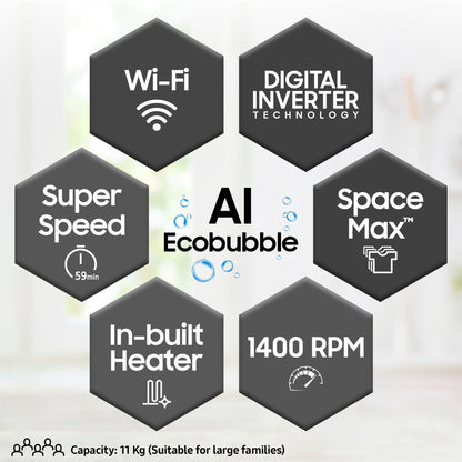 Samsung 11 kg, AI Control, Super Speed, Wi-Fi, Hygiene Steam with Inbuilt Heater, Digital Inverter, Fully-Automatic Front Load Washing Machine (WW11CG604DLBTL, BLACK CAVIAR) 
