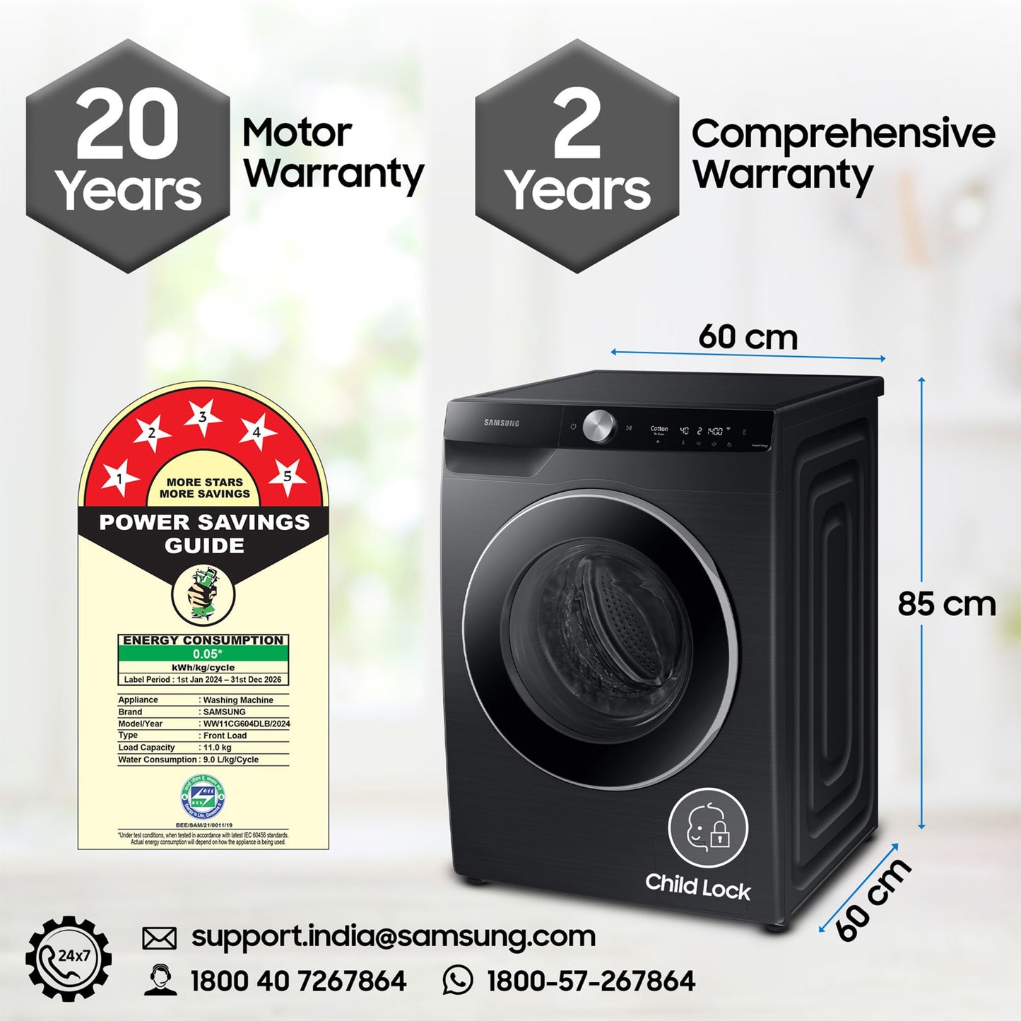 Samsung 11 kg, AI Control, Super Speed, Wi-Fi, Hygiene Steam with Inbuilt Heater, Digital Inverter, Fully-Automatic Front Load Washing Machine (WW11CG604DLBTL, BLACK CAVIAR) 