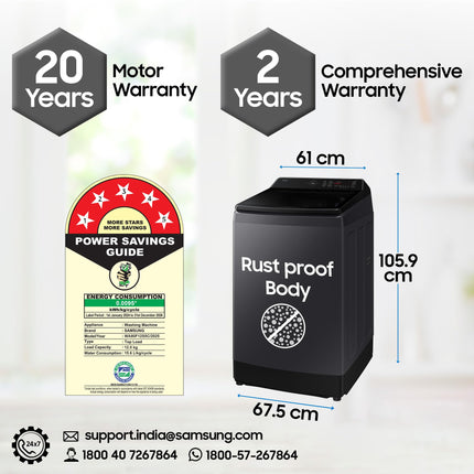 Samsung 12 Kg, 5 Star, AI Wash, Ecobubble, AI Energy Mode, AI VRT+, Super Speed, Soft Closing Door, Wi-Fi, Digital Inverter, Fully-Automatic Top Load Washing Machine (WA80F12S5CTL, Deep Charcoal) 