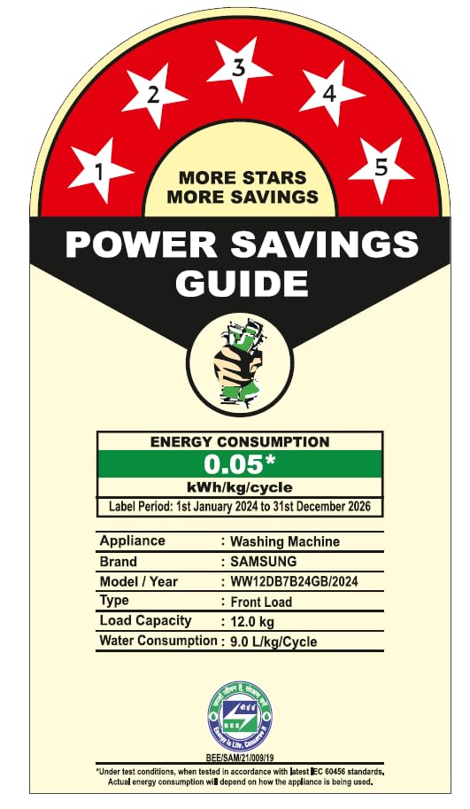 Samsung 12 kg, 5 Star, AI Control, Super Speed, Wi-Fi, Hygiene Steam with Inbuilt Heater, Digital Inverter, Fully-Automatic Front Load Washing Machine (WW12DB7B24GBTL, Black) 