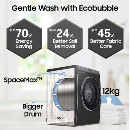 Samsung 12 kg, 5 Star, AI Control, Super Speed, Wi-Fi, Hygiene Steam with Inbuilt Heater, Digital Inverter, Fully-Automatic Front Load Washing Machine (WW12DB7B24GBTL, Black) 