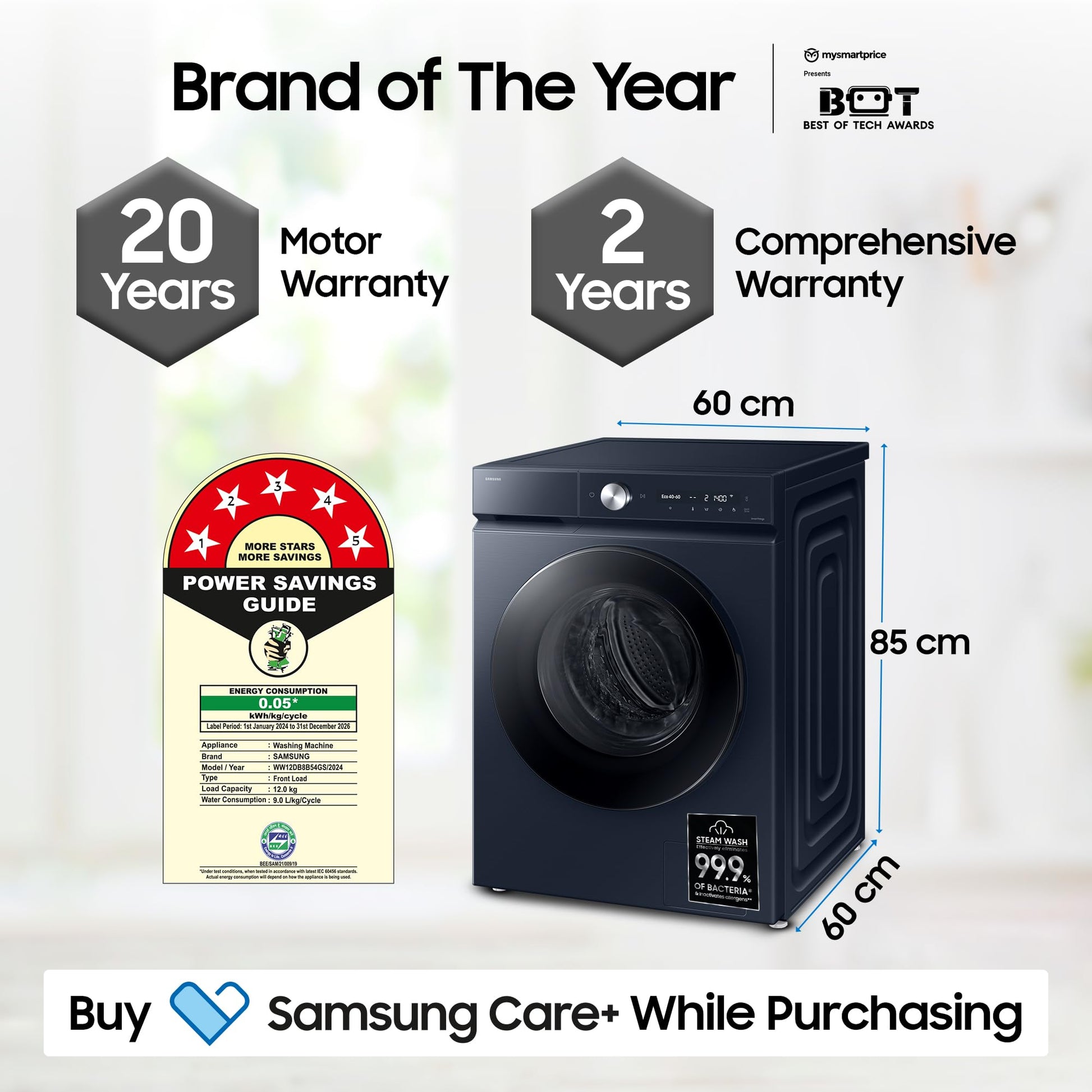 Samsung 12 kg, 5 Star, AI Control, Super Speed, Wi-Fi, Hygiene Steam with Inbuilt Heater, Digital Inverter, Fully-Automatic Front Load Washing Machine (WW12DB8B54GSTL, Navy) 