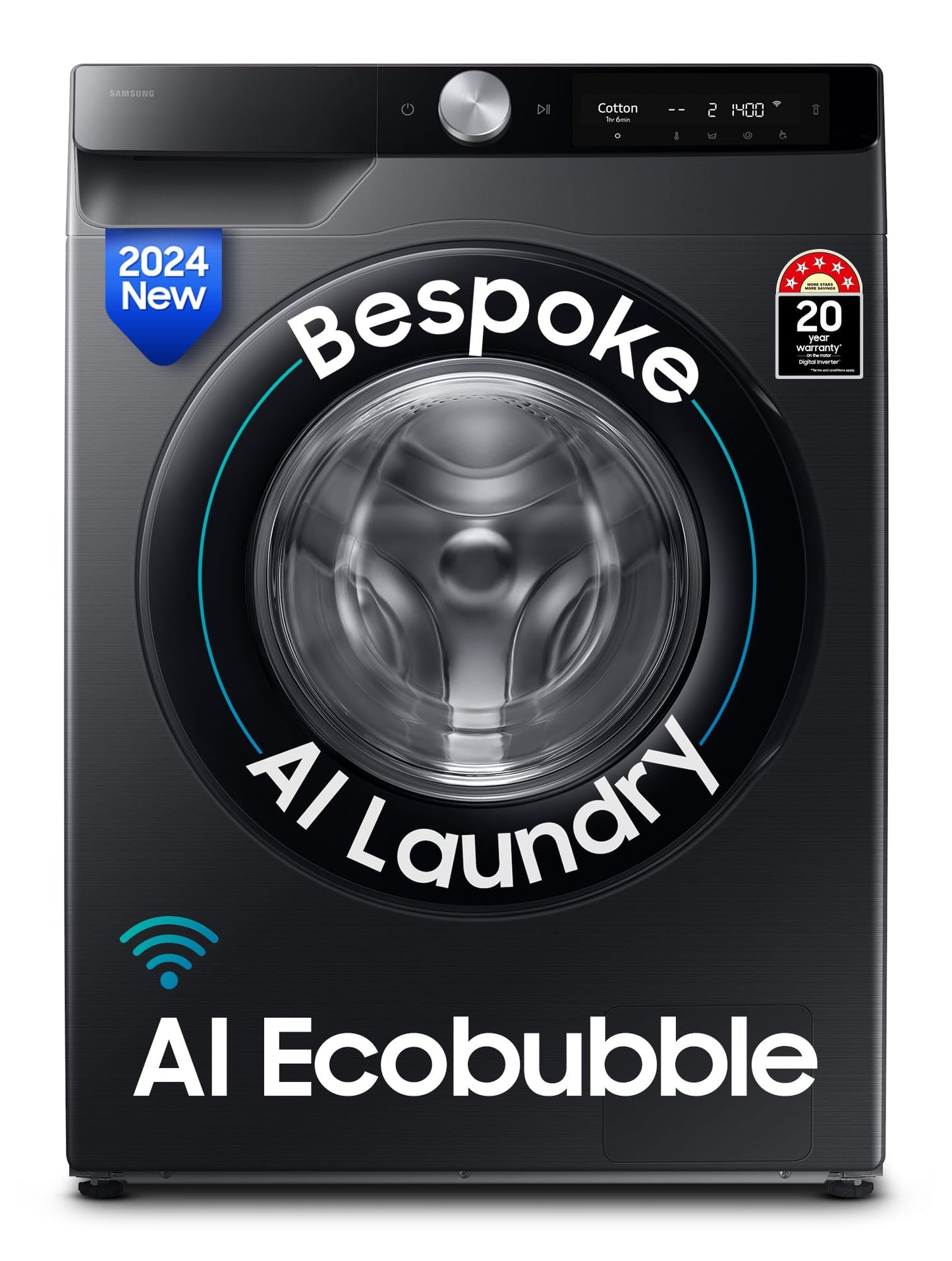 Samsung 12 kg, 5 Star, AI Control, Super Speed, Wi-Fi, Hygiene Steam with Inbuilt Heater, Digital Inverter, Fully-Automatic Front Load Washing Machine (WW12DG6B24ABTL, Black) 