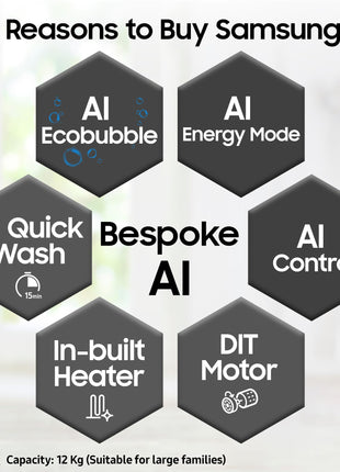 Samsung 12 kg, 5 Star, AI Control, Super Speed, Wi-Fi, Hygiene Steam with Inbuilt Heater, Digital Inverter, Fully-Automatic Front Load Washing Machine (WW12DG6B24ABTL, Black) 