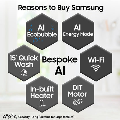 Samsung 12 kg, 5 Star, Super Speed, Wi-Fi, Hygiene Steam with Inbuilt Heater, Digital Inverter, Fully-Automatic Front Load Washing Machine (WW12DG5B24ABTL, Black) 