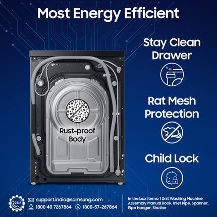 Samsung 12 kg (Wash) / 7 kg (Dry), 5 Star, AI EcoBubble, AI Control, AI Energy Mode, Air Wash, Hygiene Steam, Wi-Fi, Digital Inverter, Fully-Automatic Front Load Washer Dryer (WD12FB7B34GBTL, Black) 