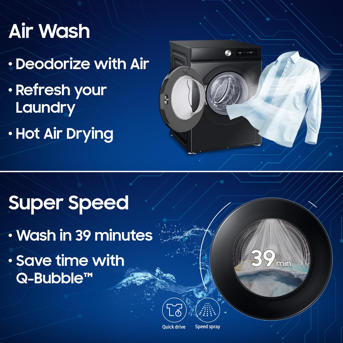 Samsung 12 kg (Wash) / 7 kg (Dry), 5 Star, AI EcoBubble, AI Control, AI Energy Mode, Air Wash, Hygiene Steam, Wi-Fi, Digital Inverter, Fully-Automatic Front Load Washer Dryer (WD12FB7B34GBTL, Black) 