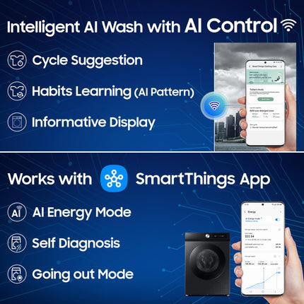 Samsung 12 kg (Wash) / 7 kg (Dry), 5 Star, AI EcoBubble, AI Control, AI Energy Mode, Air Wash, Hygiene Steam, Wi-Fi, Digital Inverter, Fully-Automatic Front Load Washer Dryer (WD12FB7B34GBTL, Black) 