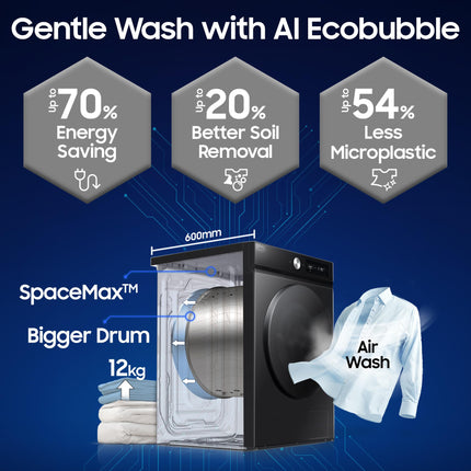 Samsung 12 kg (Wash) / 7 kg (Dry), 5 Star, AI EcoBubble, AI Control, AI Energy Mode, Air Wash, Hygiene Steam, Wi-Fi, Digital Inverter, Fully-Automatic Front Load Washer Dryer (WD12FB7B34GBTL, Black) 