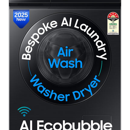 Samsung 12 kg (Wash) / 7 kg (Dry), 5 Star, AI EcoBubble, AI Wash, AI Control, AI Energy Mode, Air Wash, Hygiene Steam, Wi-Fi, Fully-Automatic Front Load Washer Dryer (WD12FB8B94GBTL, Black) 