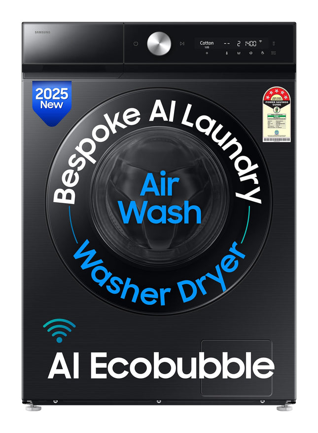 Samsung 12 kg (Wash) / 7 kg (Dry), 5 Star, AI EcoBubble, AI Wash, AI Control, AI Energy Mode, Air Wash, Hygiene Steam, Wi-Fi, Fully-Automatic Front Load Washer Dryer (WD12FB8B94GBTL, Black) 