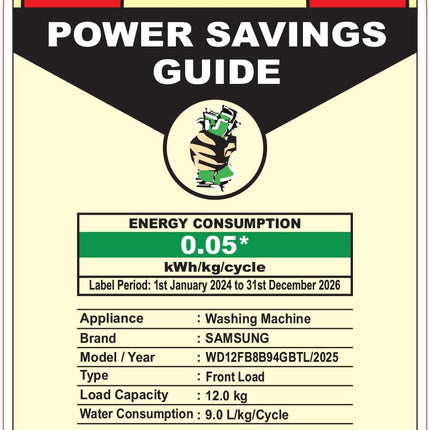 Samsung 12 kg (Wash) / 7 kg (Dry), 5 Star, AI EcoBubble, AI Wash, AI Control, AI Energy Mode, Air Wash, Hygiene Steam, Wi-Fi, Fully-Automatic Front Load Washer Dryer (WD12FB8B94GBTL, Black) 