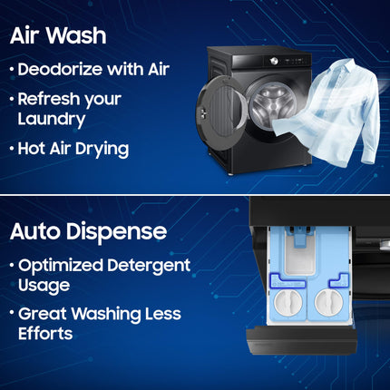 Samsung 12 kg (Wash) / 7 kg (Dry), 5 Star, AI EcoBubble, AI Wash, AI Control, AI Energy Mode, Air Wash, Hygiene Steam, Wi-Fi, Fully-Automatic Front Load Washer Dryer (WD12FB8B94GBTL, Black) 