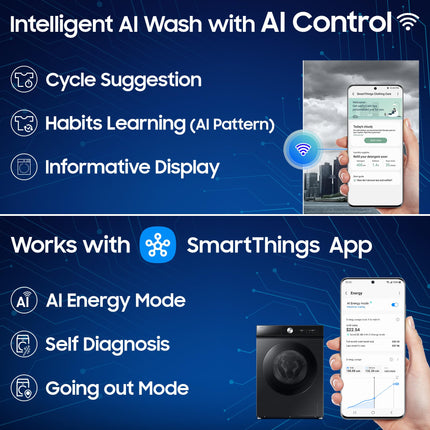 Samsung 12 kg (Wash) / 7 kg (Dry), 5 Star, AI EcoBubble, AI Wash, AI Control, AI Energy Mode, Air Wash, Hygiene Steam, Wi-Fi, Fully-Automatic Front Load Washer Dryer (WD12FB8B94GBTL, Black) 