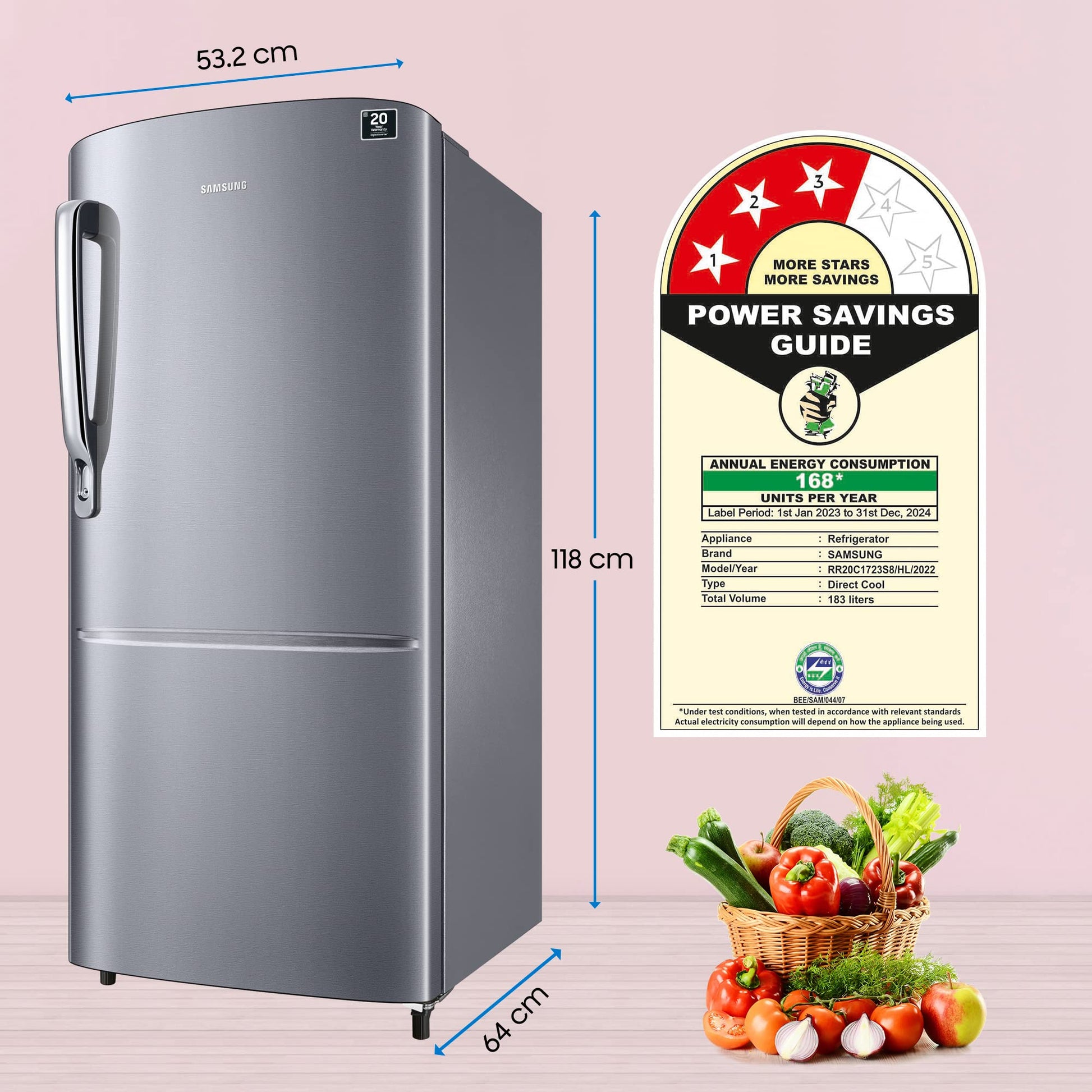 Samsung 183 L, 3 Star, Digital Inverter, Direct-Cool Single Door Refrigerator (RR20C1723S8/HL, Silver, Elegant Inox) 