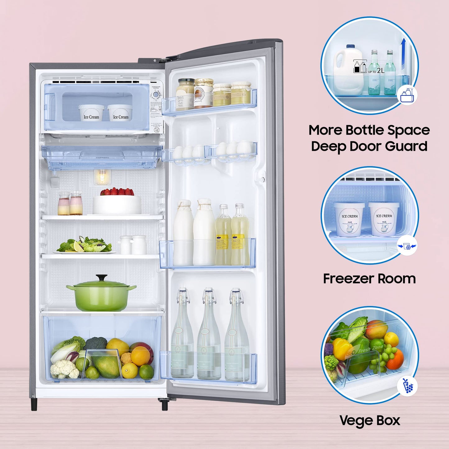 Samsung 183 L, 3 Star, Digital Inverter, Direct-Cool Single Door Refrigerator (RR20C1723S8/HL, Silver, Elegant Inox) 