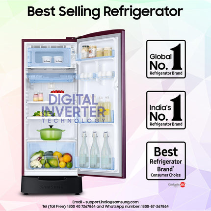Samsung 183 L, 4 Star, Digital Inverter, Direct-Cool Single Door Refrigerator (RR20C1824CR/HL, Red, Camellia Purple, Base Stand Drawer) 