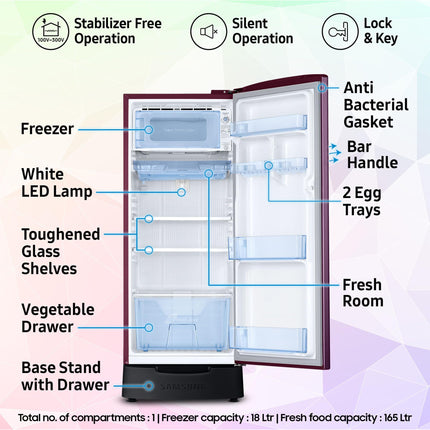 Samsung 183 L, 4 Star, Digital Inverter, Direct-Cool Single Door Refrigerator (RR20C1824CR/HL, Red, Camellia Purple, Base Stand Drawer) 