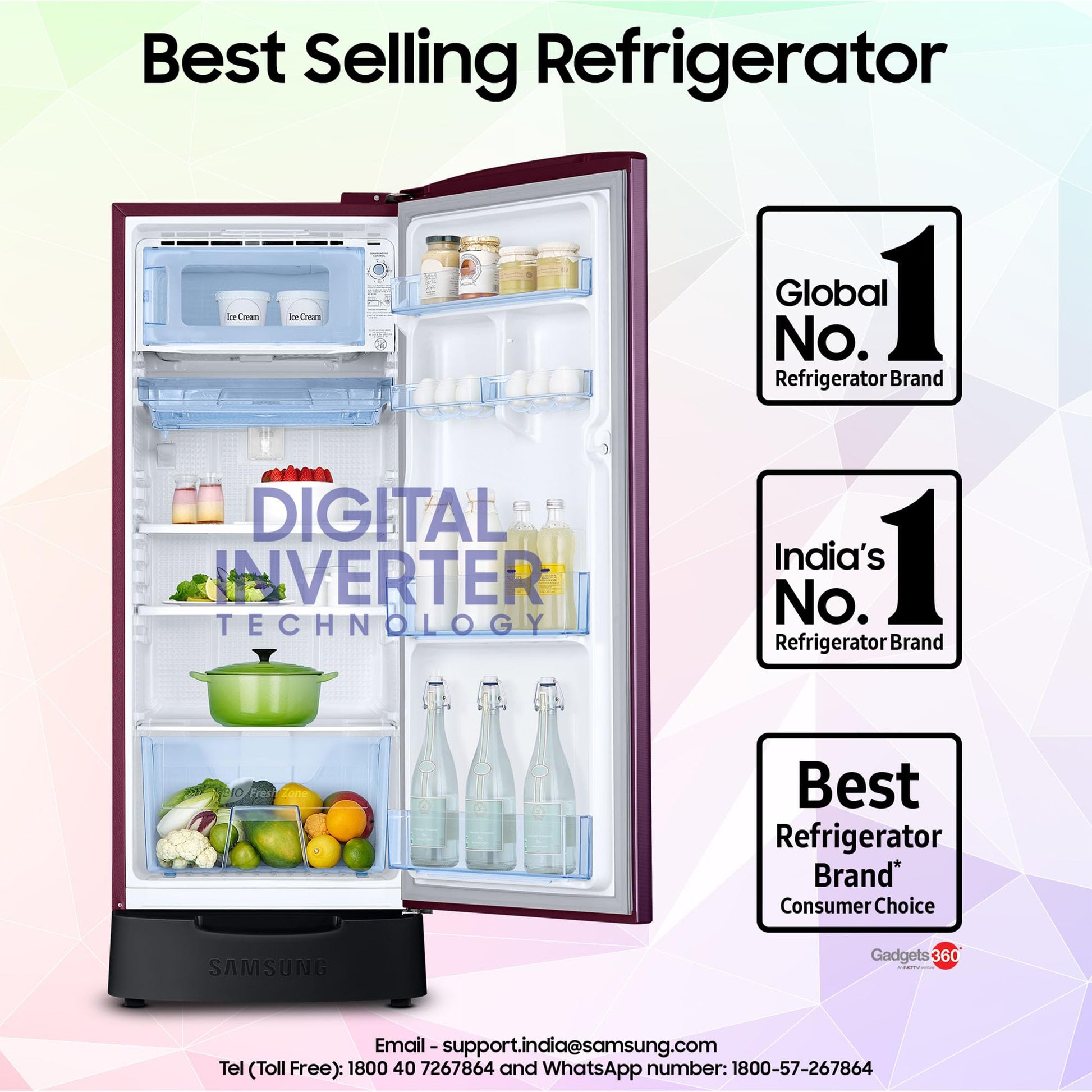 Samsung 183 L, 4 Star, Digital Inverter, Direct-Cool Single Door Refrigerator (RR20C1824CR/HL, Red, Camellia Purple, Base Stand Drawer) 